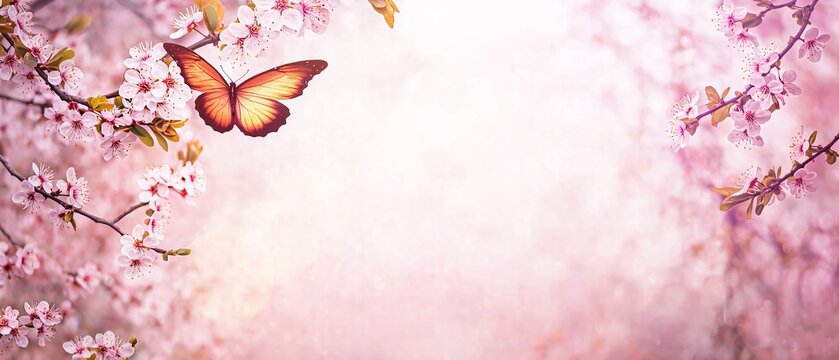 Spring banner with blossoming cherry branches and butterflies evokes a dreamy and romantic outdoor scene. Generative AI