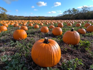 Vibrant Pumpkin Patch Under Autumn Sky with Rows of Orange Gourds for Harvest