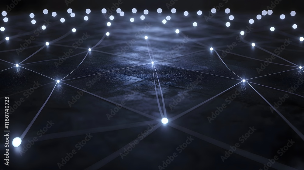 Poster pulsating technology inspired network grid with luminous glowing lights in a dynamic futuristic abst