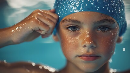 Close up portrait of a young swimmer focused on adjusting their swim cap before an important race or competition  The child s fingers are carefully adjusting the cap