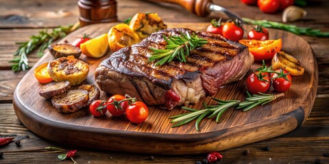 Freshly grilled beef steak with roasted vegetables arranged artfully on a wooden platter, steak, grill,  steak, grill