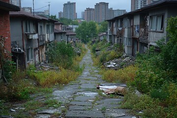 Fototapeta premium Overgrown alleyway, abandoned buildings, urban decay.