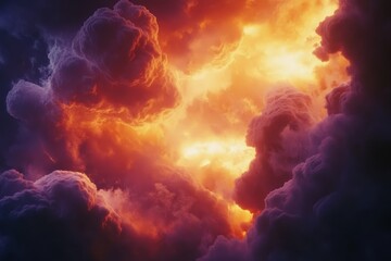 Fiery sunset cloudscape with dark, dramatic clouds illuminated from below.