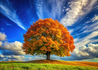 Fototapeta premium Golden leaves ablaze against a vibrant blue sky; a majestic chestnut tree stands tall in autumn's embrace.