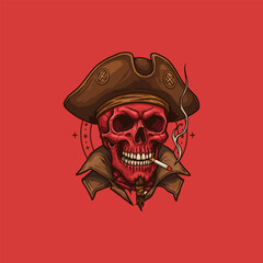 A stylized illustration of a red skull pirate wearing a tricorn hat and smoking a cigarette.