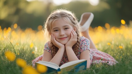 Blonde girl with a book in nature