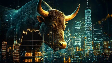 Conceptual depicting a bull s head overlaid with rising financial market indicators and a vibrant city skyline at night