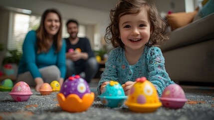 Fototapeta premium Cheerful young girl enthusiastically playing with a variety of vibrant Easter themed toys in the living room as her relaxed parents sit on the couch in the background