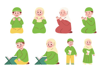 Muslim Kids Praying, Read Quran Celebrating Eid