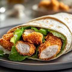Crispy chicken tenders in a tortilla wrap with lettuce and sauce.