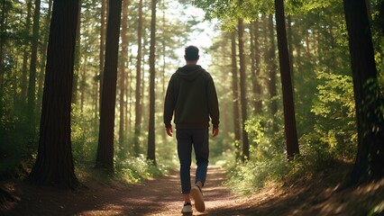 Fototapeta premium Man on a forest path among tall trees, view from the back