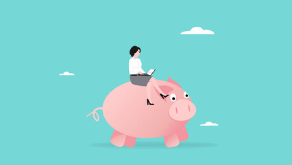 working to prepare for retirement, old age preparation, businesswoman, businessman working on piggy bank using laptop suitable to describe about investment