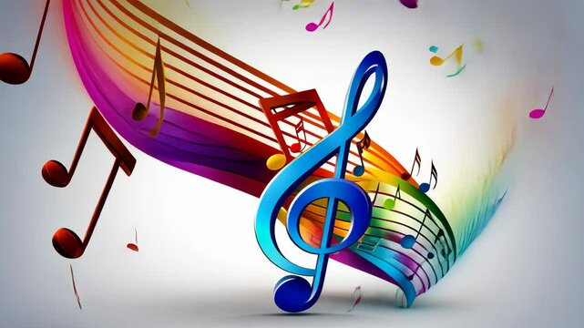 Vibrant colorful musical treble clef and notes on white background