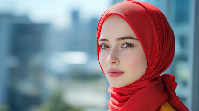 Young woman with elegant red headscarf gazing thoughtfully while standing near a window, showcasing a serene and contemplative expression amidst an urban backdrop.