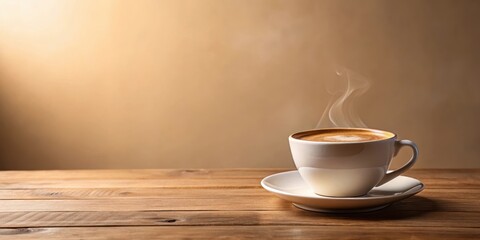 Fototapeta premium Aromatic hot coffee with crema on a minimalist wooden table against a warm beige background , hot drink, beige, hot drink