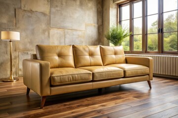 Luxurious beige aniline leather sofa, naturally textured, sharply focused in a high-depth-of-field photograph.