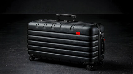 Black suitcase on dark floor, studio shot, travel preparation, dark background.
