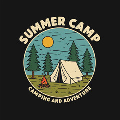 A summer camp scene illustration shows a tent, campfire, and pine trees under a sunny sky.