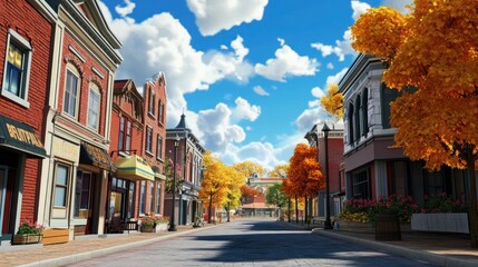Sunny autumn day on a charming, tree-lined street with colorful buildings and shops.