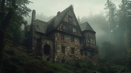 Obraz premium Mysterious stone house in foggy forest.