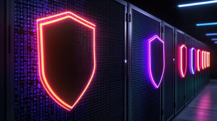A futuristic server room with illuminated shield icons, suggesting cybersecurity and data protection themes.
