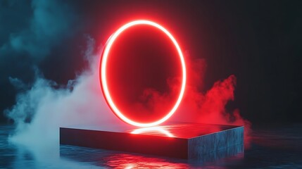 Red Neon Circle Above Dark Platform In Smoky Atmosphere