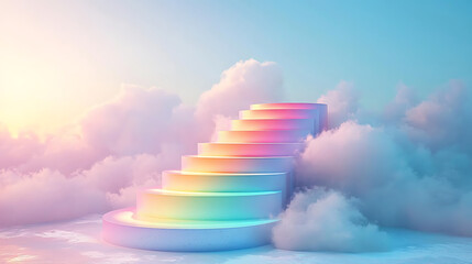 Pastel Rainbow Staircase Ascending into Dreamlike Cloudscape Surreal 3D Render