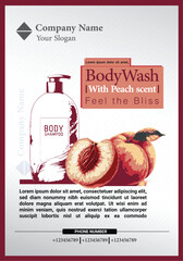 A promotional poster for a peach-scented body wash product