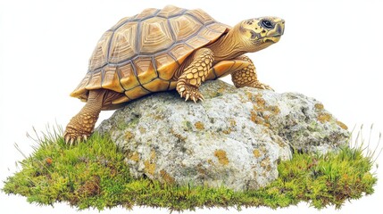 Fototapeta premium A realistic turtle figurine perched on a rock surrounded by grass and moss.