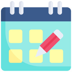 Edit calendar icon. Personal organizer, adjust, revision, pencil and document icons. Daily checklist management, containing date, timetable, weekly schedule, agenda. Flat icon.