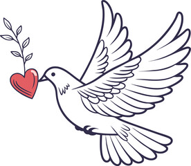 Dove Carrying a Heart with a Branch - Peace and Love Illustration