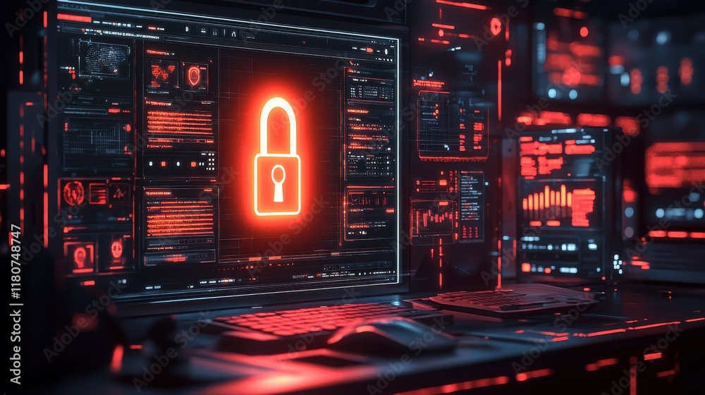 Leinwandbilder unlocking security holographic visualization of a glowing lock symbol in a high-fidelity digital env