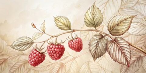 A Detailed Botanical Illustration Featuring a Branch of Raspberries with Intricate Leaf Details on a Soft Background
