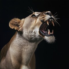An aggressive lion roaring, dark background, studio lighting
