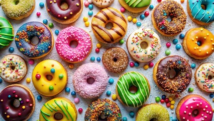 A delightful array of assorted sweet treats, colorful glazed donuts decorated with sprinkles and candy, arranged on a textured surface.