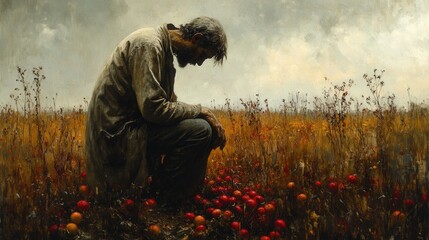 A man kneels amidst autumnal apples and tall grass.