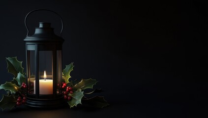 Serene Christmas Eve: A Lit Lantern with Holly