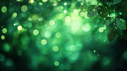 Fototapeta premium Emerald Enchantment: Dew-Kissed Leaves and Glowing Bokeh