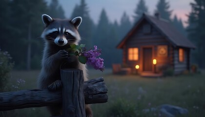 A Raccoon's Evening Serenade: A whimsical digital painting of a charming raccoon holding lilac flowers near a cozy cabin in the woods at dusk.