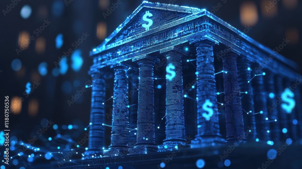 Poster digital banking symbols interacting in a virtual holographic environment high fidelity visuals finan