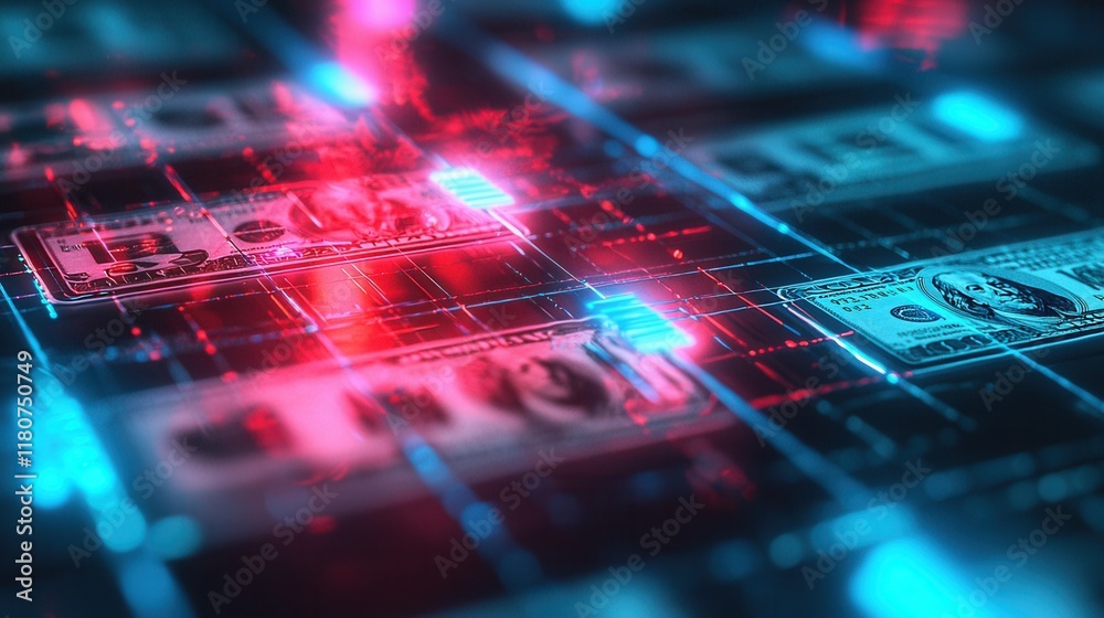 Poster visualize digital cash flow in colorful holographic high fidelity virtual environment innovative tec