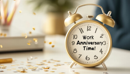 Clock showing Work Anniversary Time with festive confetti around it, celebrating milestones and achievements in professional setting