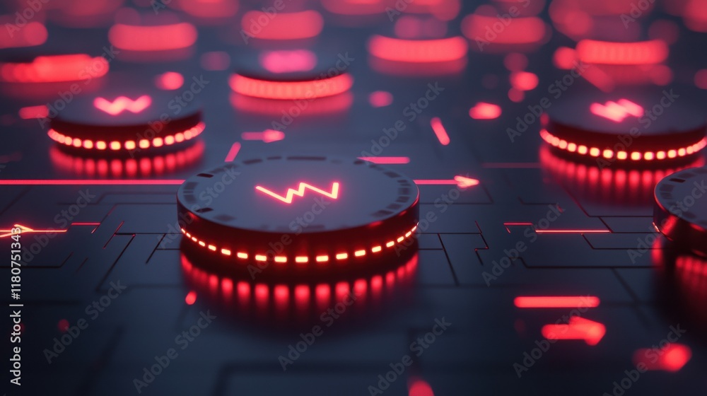 Aufkleber exploring digital tokens and glowing arrows representing global high fidelity in a futuristic virtua