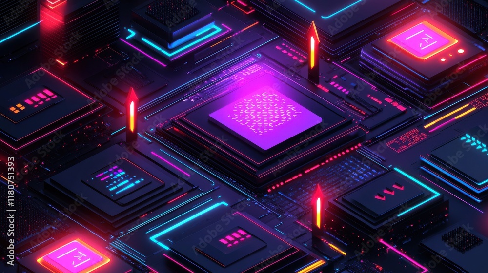Poster Illuminated digital tokens and arrows representing global high fidelity in a virtual environment