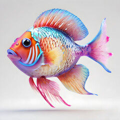 Fototapeta premium A school of colorful 3D tropical fish floating in midair on a plain white background, highly detailed scales.