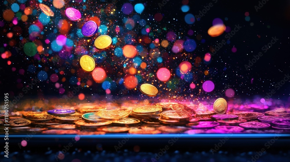Poster futuristic coins flowing into a digital wallet virtual environment high fidelity visualization cyber