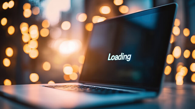 Loading screen on laptop with blurred lights in background, creating modern and tech savvy atmosphere