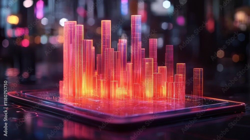 Poster visualizing financial data holographic bar graphs in a high-fidelity internet bank environment