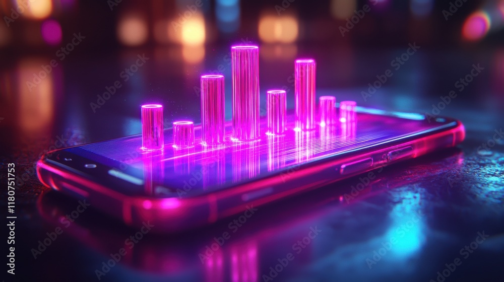 Poster visualizing financial data internet bank holographic bar graphs virtual environment high-fidelity re