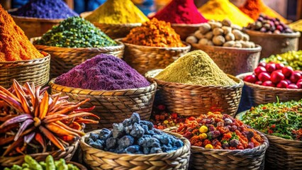 Fototapeta premium Vibrant herbs and spices overflow from colorful baskets in a bustling spice market.